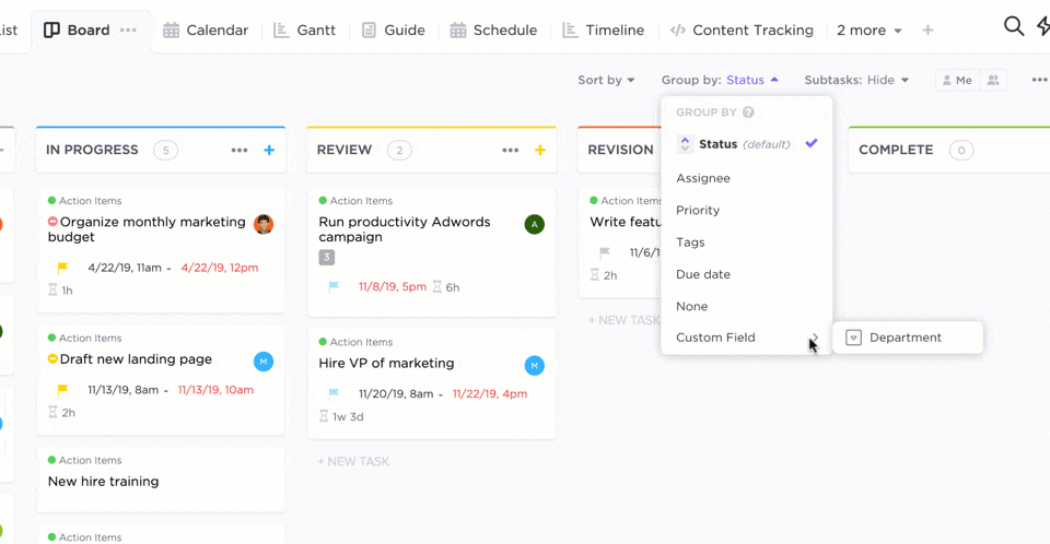 Agrupe as tarefas no seu quadro Kanban por status, Campos Personalizados, Prioridade e muito mais na visualização de Quadro do ClickUp Agrupe as tarefas no seu quadro Kanban por status, Campos Personalizados, Prioridade e muito mais na visualização de Quadro do ClickUp