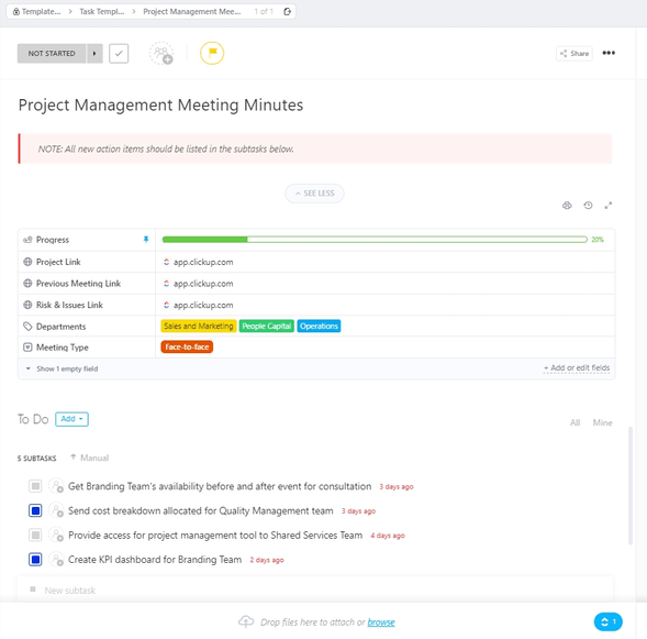 Utilize o modelo de atas de reunião de projeto no ClickUp e evite informações ou discussões perdidas Utilize o modelo de atas de reunião de projeto no ClickUp e evite informações ou discussões perdidas